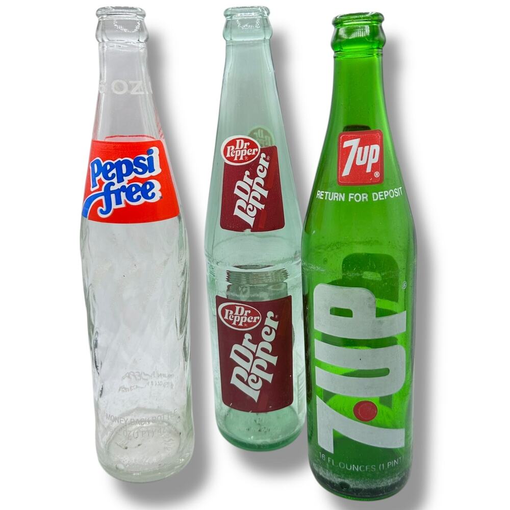 X3 VINTAGE 1970S POP TOP GLASS BOTTLES 7-Up Dr Pepper Pepsi Free